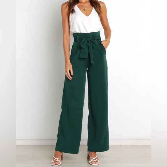 Petal & Pup Kieran Pants Emerald Green Wide-Leg Belted High Waist Pants 2 - Picture 2 of 10